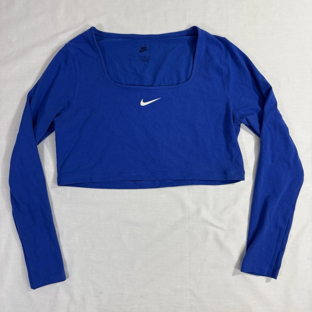 Nike Women's Long-Sleeve Crop Top Blue Square Neckline 61% Cotton Sz XL
